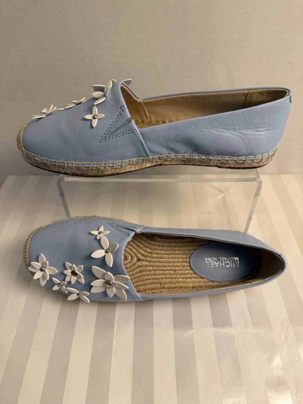 Michael Kors Lola Espadrilles Blue Leather Floral Slip On Size 36 NWOT